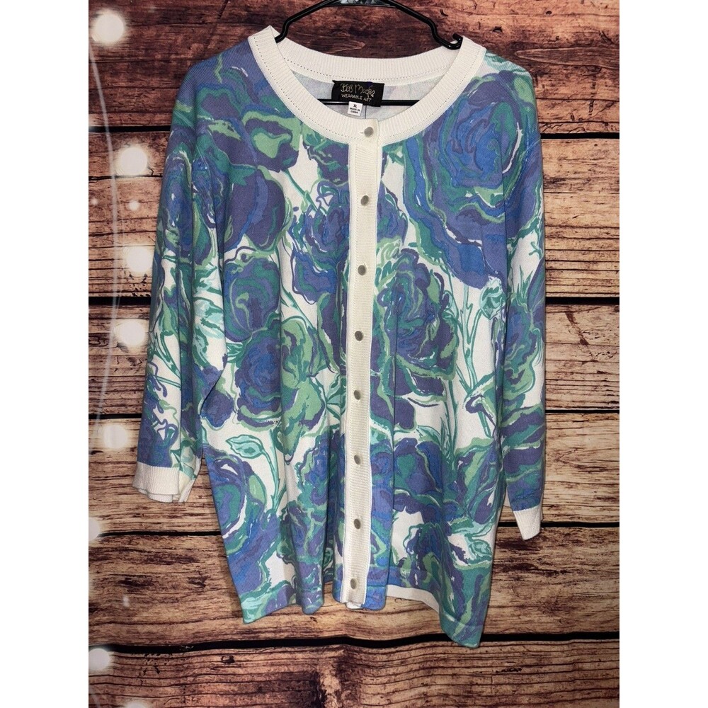 Bob Mackie Wearable Art Cardigan Womens size XL Sweater Blue Floral 3/4 Sleeves